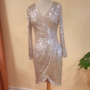 Calvin Klein Silver Long Sleeve Bodycon Dress with Wrap and Sequins